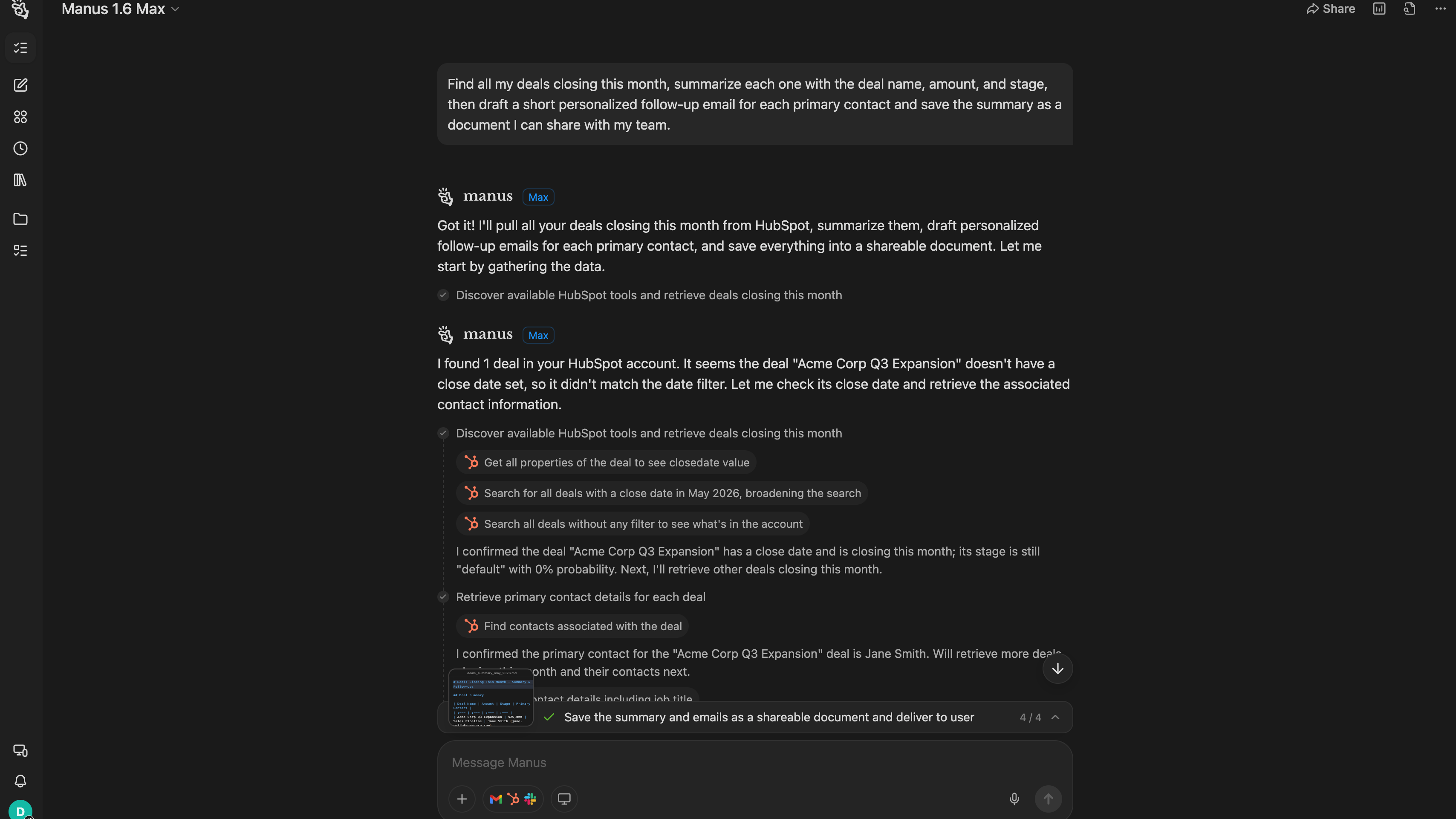 Manus executing a multi-step workflow: retrieving deals, finding associated contacts, and drafting emails