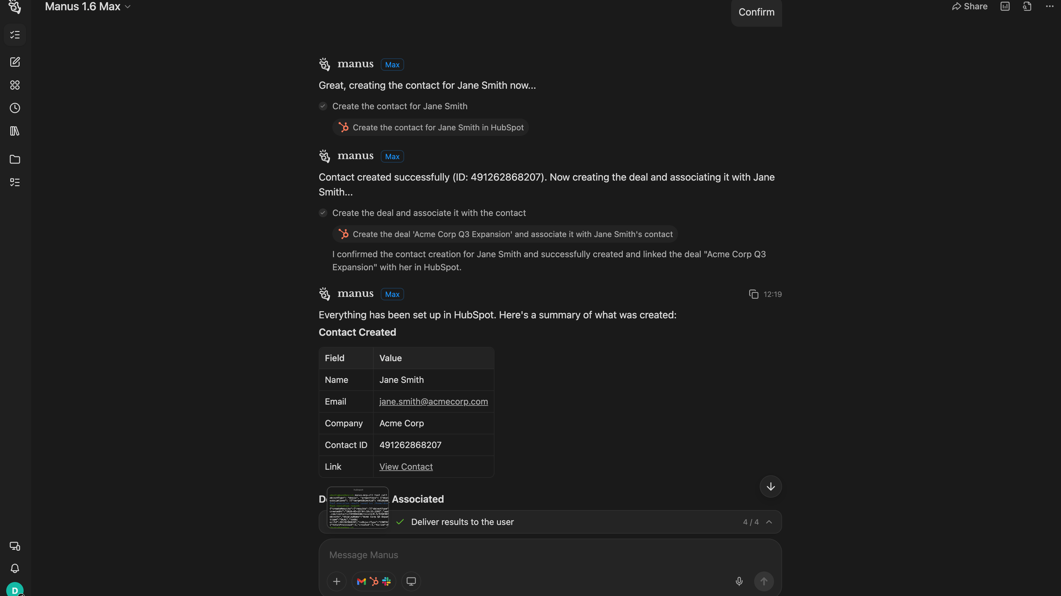 Manus confirming successful creation of the contact and associated deal with a summary table and direct HubSpot link
